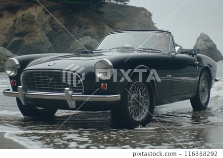 Man driving vintage convertible car on the beach 116388292