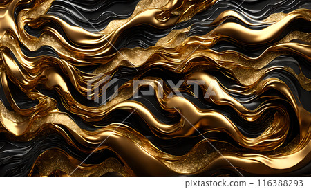 Waves of gold flowing across black marble. 3d background Waves of gold flowing across black marble. 3d background 116388293