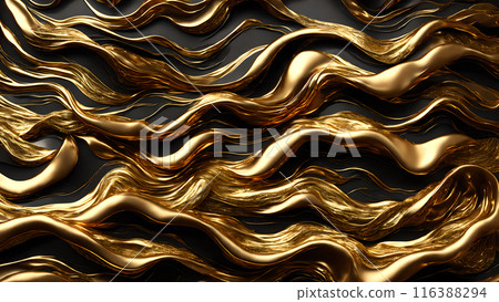 Waves of gold flowing across black marble. 3d background 116388294