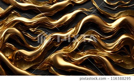 Waves of gold flowing across black marble. 3d background 116388295
