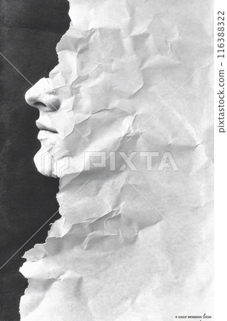 Man face emerging from crumpled paper background 116388322
