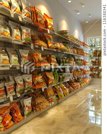 Modern grocery store interior design with shelves full of snacks 116388341