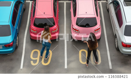 Two women choosing a parking spot between pink and blue cars 116388421
