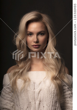 Portrait of a beautiful young blonde on a dark background, a photo of a young woman with long hair 116388493