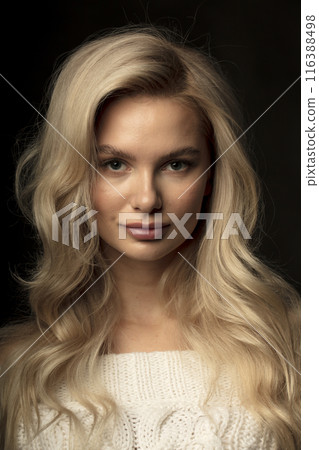 Portrait of a beautiful young blonde on a dark background, a photo of a young woman with long hair Portrait of a beautiful young blonde on a dark background, a photo of a young woman with long hair 116388498