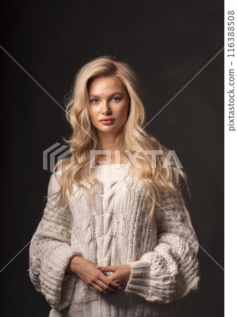 Portrait of a beautiful young blonde on a dark background, a photo of a young woman with long hair 116388508