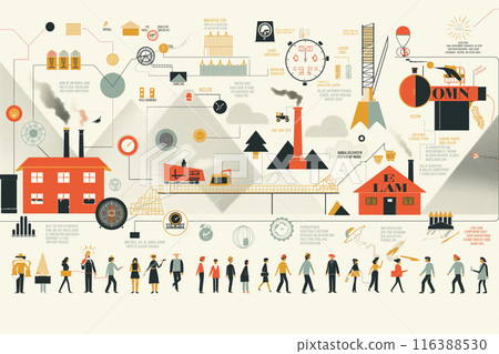 An illustrated infographic celebrating Labor Day, depicting various industrial and construction scenes, machinery, and workers in different professions. 116388530