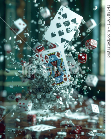 Cards and dice exploding on casino table 116388543