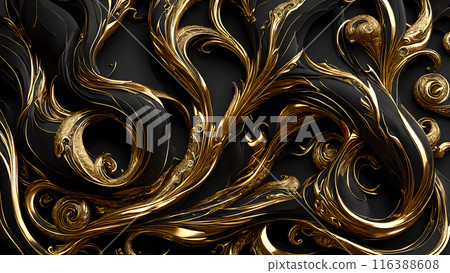 Elegant swirls of gold on a black marble background. 3d background 116388608