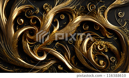 Elegant swirls of gold on a black marble background. 3d background 116388610