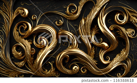 Elegant swirls of gold on a black marble background. 3d background 116388618