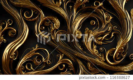 Elegant swirls of gold on a black marble background. 3d background 116388627