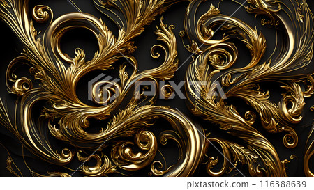 Elegant swirls of gold on a black marble background. 3d background Elegant swirls of gold on a black marble background. 3d background 116388639