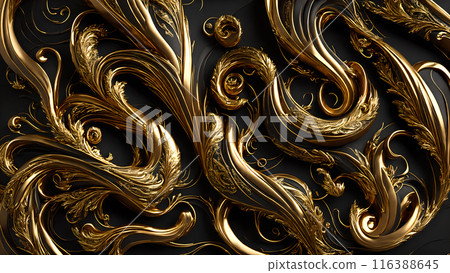 Elegant swirls of gold on a black marble background. 3d background Elegant swirls of gold on a black marble background. 3d background 116388645