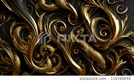Elegant swirls of gold on a black marble background. 3d background Elegant swirls of gold on a black marble background. 3d background 116388648