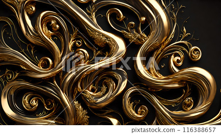 Elegant swirls of gold on a black marble background. 3d background Elegant swirls of gold on a black marble background. 3d background 116388657