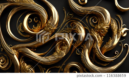 Elegant swirls of gold on a black marble background. 3d background Elegant swirls of gold on a black marble background. 3d background 116388659