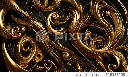Elegant swirls of gold on a black marble background. 3d background 116388668