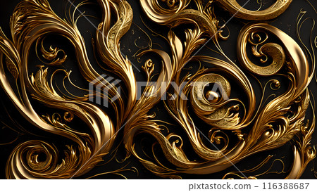Elegant swirls of gold on a black marble background. 3d background 116388687