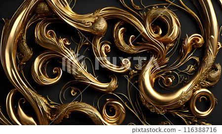 Elegant swirls of gold on a black marble background. 3d background 116388716