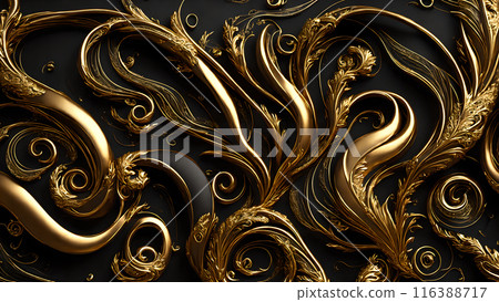Elegant swirls of gold on a black marble background. 3d background Elegant swirls of gold on a black marble background. 3d background 116388717