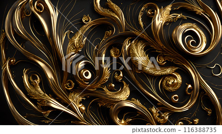Elegant swirls of gold on a black marble background. 3d background 116388735