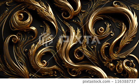 Elegant swirls of gold on a black marble background. 3d background 116388737