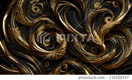 Elegant swirls of gold on a black marble background. 3d background Elegant swirls of gold on a black marble background. 3d background 116388747