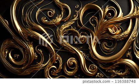 Elegant swirls of gold on a black marble background. 3d background 116388748