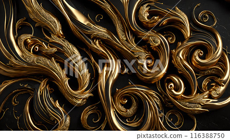 Elegant swirls of gold on a black marble background. 3d background 116388750