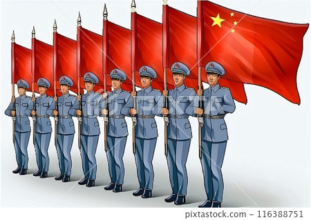 Chinese soldiers standing at attention holding chinese flags 116388751