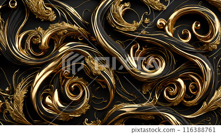 Elegant swirls of gold on a black marble background. 3d background 116388761