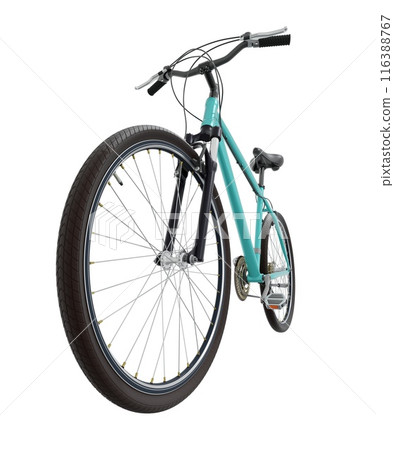 Blue teal bicycle, front side view with wide angle shot isolated on white background, 3D illustration Blue teal bicycle, front side view with wide angle shot isolated on white background, 3D illustration 116388767