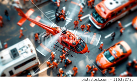 Red medical helicopter landing on city street with paramedics and firefighters assisting 116388783
