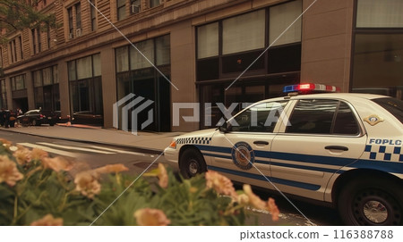 Police car parked on city street with flashing lights is guarding the entrance of a building 116388788