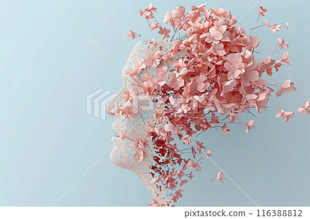 Woman profile exploding into pink flowers on blue background 116388812