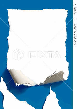 Blank white ripped paper with curling corner on blue background Blank white ripped paper with curling corner on blue background 116388967