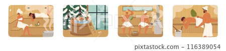 Happy people steaming in finnish sauna or finnish banya set 116389054