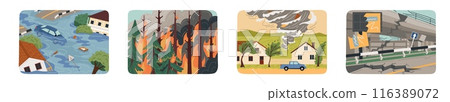 Forest fire, earthquake, tornado and flooding natural disasters set 116389072