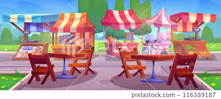 Street food stalls in summer city park Street food stalls in summer city park 116389187