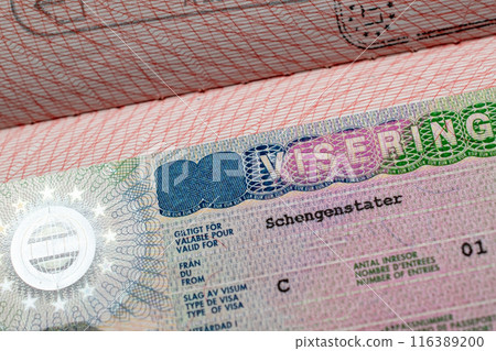 Swedish visa stamp in a travel passport, Sweden Schengen visa, immigrant, work and travel documents, emigration, immigration, tourism concept 116389200