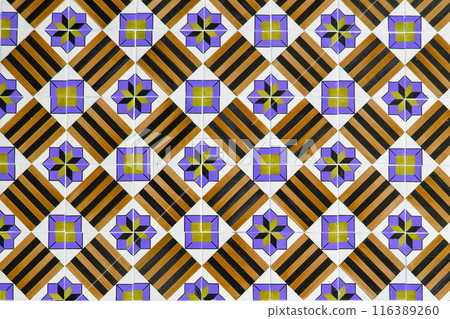 Colorful mosaic tiles on the wall. Abstract background and texture for design. Colorful tile bathroom wall texture, old vintage kitchen floor background 116389260