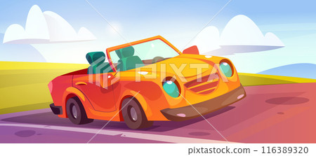 Yellow car parked against green field background 116389320