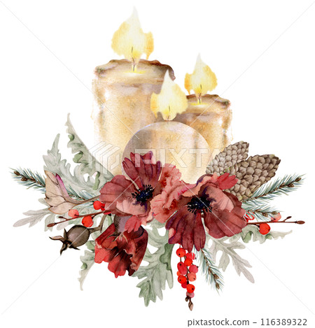 Candles, poppy anemone flower, spruce fir tree branches cones, berries. Watercolor hand drawn illustration isolated on white. Xmas, happy new year festive, noel navidad holiday. For cards, gifts. Candles, poppy anemone flower, spruce fir tree branches cones, berries. Watercolor hand drawn illustration isolated on white. Xmas, happy new year festive, noel navidad holiday. For cards, gifts. 116389322