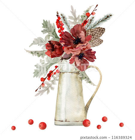 Poppy anemone flower, spruce fir tree branches cones, berries. Watercolor hand drawn illustration, vase bouquet isolated on white. Xmas, happy new year festive, noel navidad holiday. For cards, gifts. Poppy anemone flower, spruce fir tree branches cones, berries. Watercolor hand drawn illustration, vase bouquet isolated on white. Xmas, happy new year festive, noel navidad holiday. For cards, gifts. 116389324