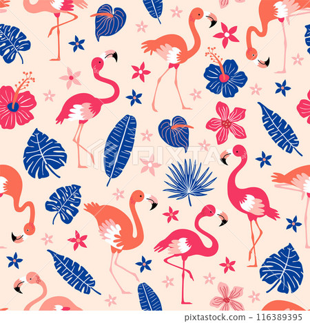 Pattern with pink flamingos and tropical leaves on pink background. Pink flamingo in flat style. Seamless pattern for textile, wrapping paper, background. 116389395