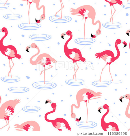 Pattern pink flamingos in water tropical on a white background. Pink flamingo in flat style. Seamless pattern for textile, wrapping paper, background. 116389398