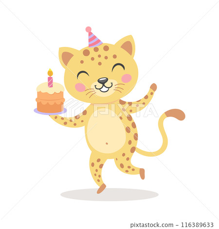 Cute baby tiger, leopard with a cake in a party hat. Birthday greetings for children. Illustration, postcard, print for clothes 116389633