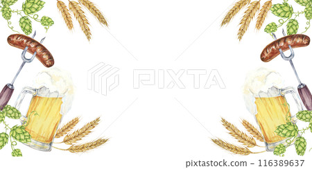 Watercolor banner design featuring frothy beer mugs with sausages, hops, and barley. Clipart with blank space for Oktoberfest invitations, beer garden promotions, and festive event banners. Watercolor banner design featuring frothy beer mugs with sausages, hops, and barley. Clipart with blank space for Oktoberfest invitations, beer garden promotions, and festive event banners. 116389637