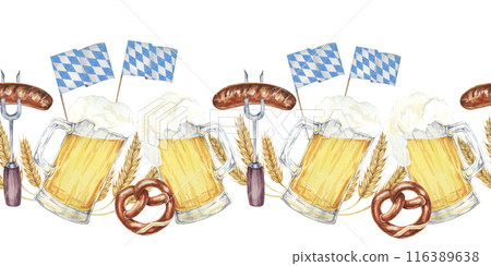 Beer mugs with foam, pretzels, barley, sausages and blue-and-white Bavarian flags banner clipart. Watercolor seamless border for creating Oktoberfest-themed invitations, menus, festive event banners. Beer mugs with foam, pretzels, barley, sausages and blue-and-white Bavarian flags banner clipart. Watercolor seamless border for creating Oktoberfest-themed invitations, menus, festive event banners. 116389638